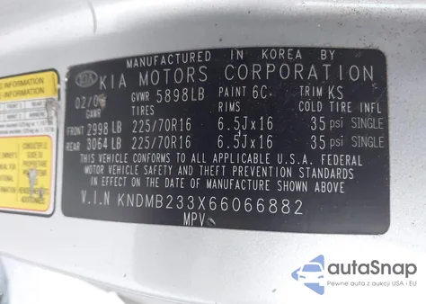 2006 Kia Sedona Ex/Lx из США, поврежденный, VIN KNDMB233X66066882